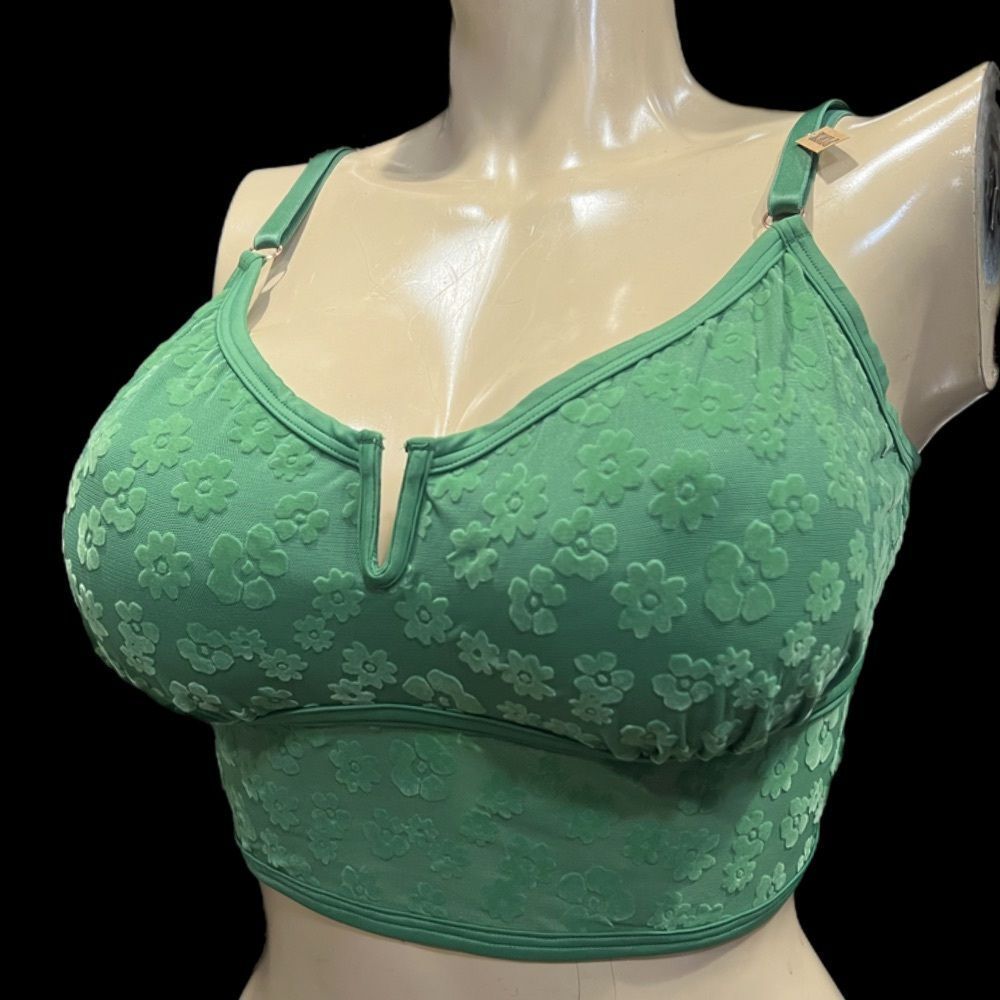 Victorias Secret Pink Padded Velvet Flowers Long Bralette Bra Crop Top Green M